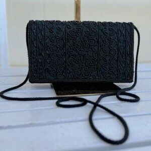 Vintage Black Pretzel Knot Beaded Evening Clutch with Strap Bag Purse EUC